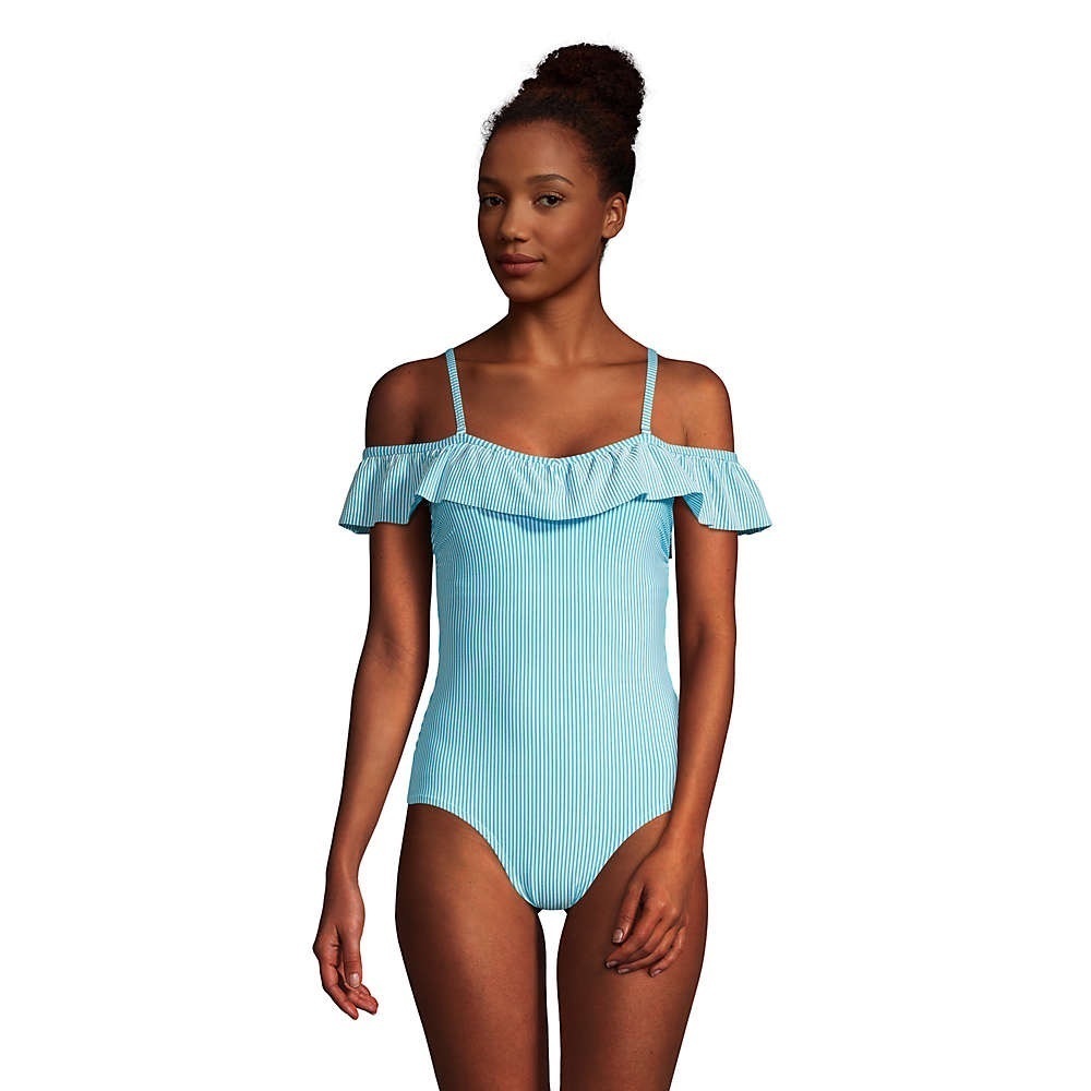 New LANDSEND SZ 14 Off The Shoulder Ruffle Swimsuit Tummy Control